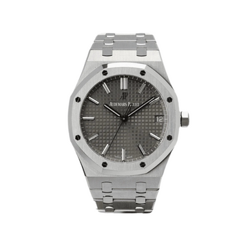 Audemars Piguet Royal Oak watch, specifically a 41mm model with a grey dial.