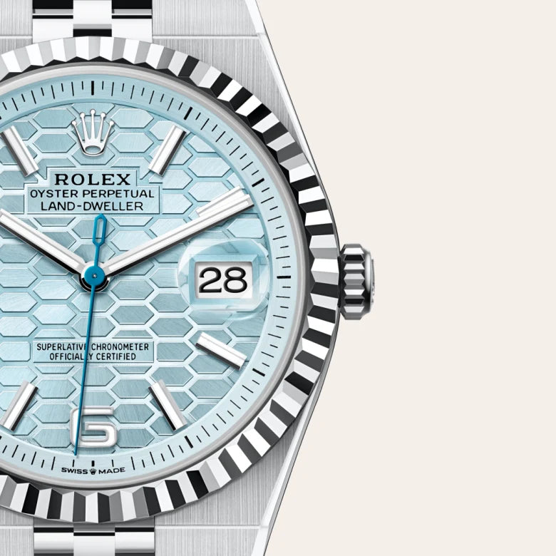 Rolex Land-Dweller 40 in platinum with an ice blue honeycomb dial, reference 127336-0001.