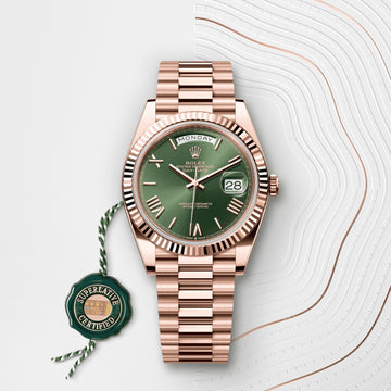 Rolex Day-Date 40 with an olive green dial and Everose gold case.