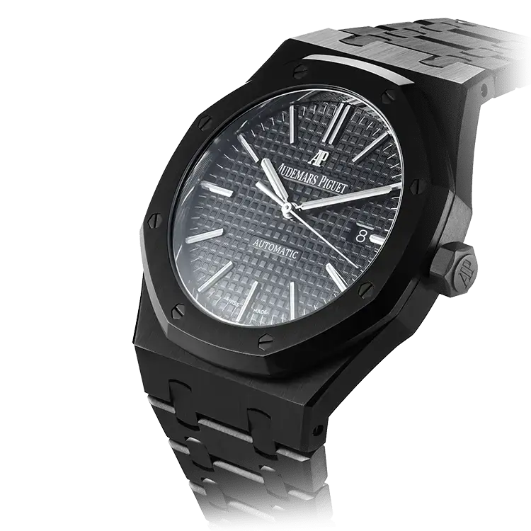 Audemars Piguet Royal Oak watch. It appears to be a customized version with a black DLC